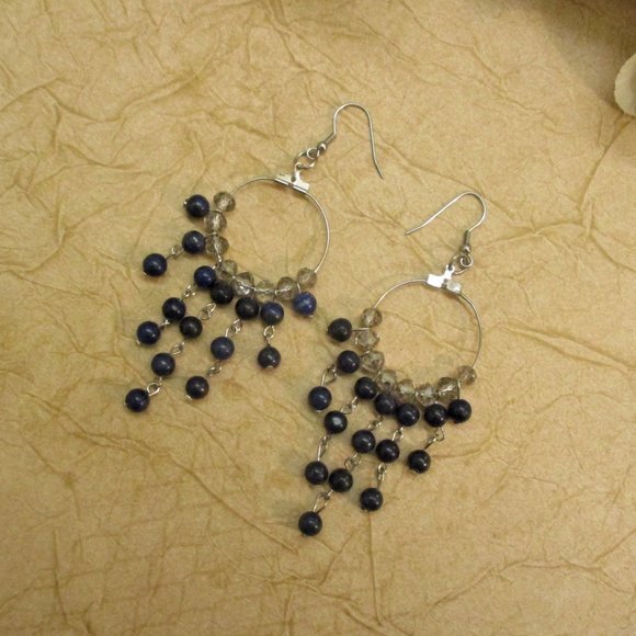 Etruscan Style Midnight Blue Silver Fringe Necklace Earrings Set Vintage - Picture 5 of 13